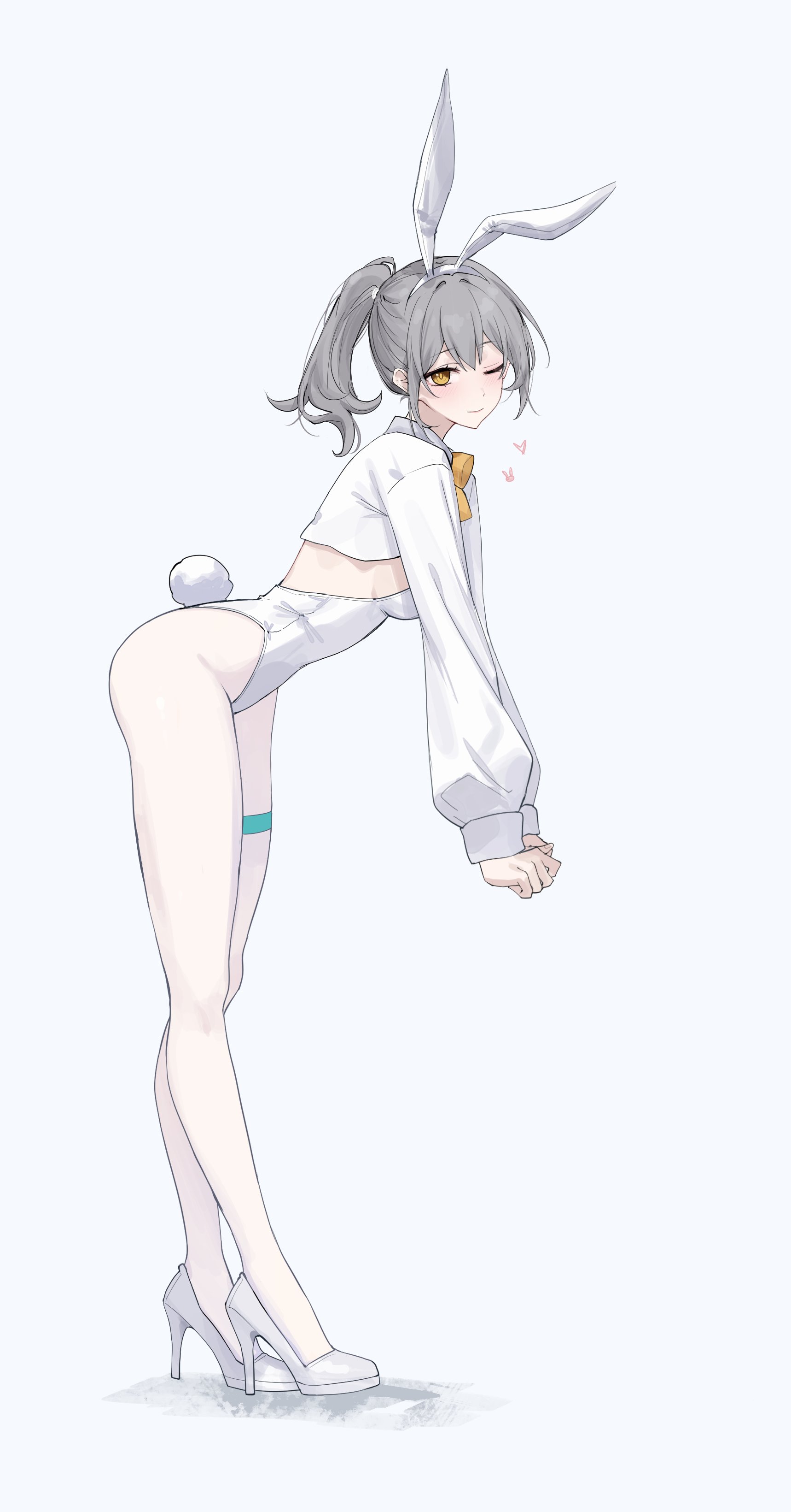 feint721, stelle (honkai: star rail), trailblazer (honkai: star rail), honkai: star rail, honkai (series), absurdres, commentary, highres, 1girl, alternate costume, alternate hairstyle, animal ear hairband, animal ears, blush, closed mouth, fake animal ears, fake tail, from side, full body, grey hair, hairband, high heels, leaning forward, legs, leotard, long arms, long hair, long sleeves, looking at viewer, looking to the side, one eye closed, pantyhose, ponytail, rabbit ear hairband, rabbit ears, rabbit tail, shoes, shrug (clothing), smile, solo, standing, tail, thigh strap, thighs, white leotard, white pantyhose, white shoes, white shrug, yellow eyes