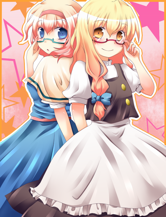 shiguri, alice margatroid, kirisame marisa, touhou, bad id, bad pixiv id, 2girls, adjusting eyewear, bespectacled, blonde hair, blue eyes, braid, female focus, glasses, hairband, long hair, multiple girls, ribbon, short hair, smile, star (symbol), yellow eyes