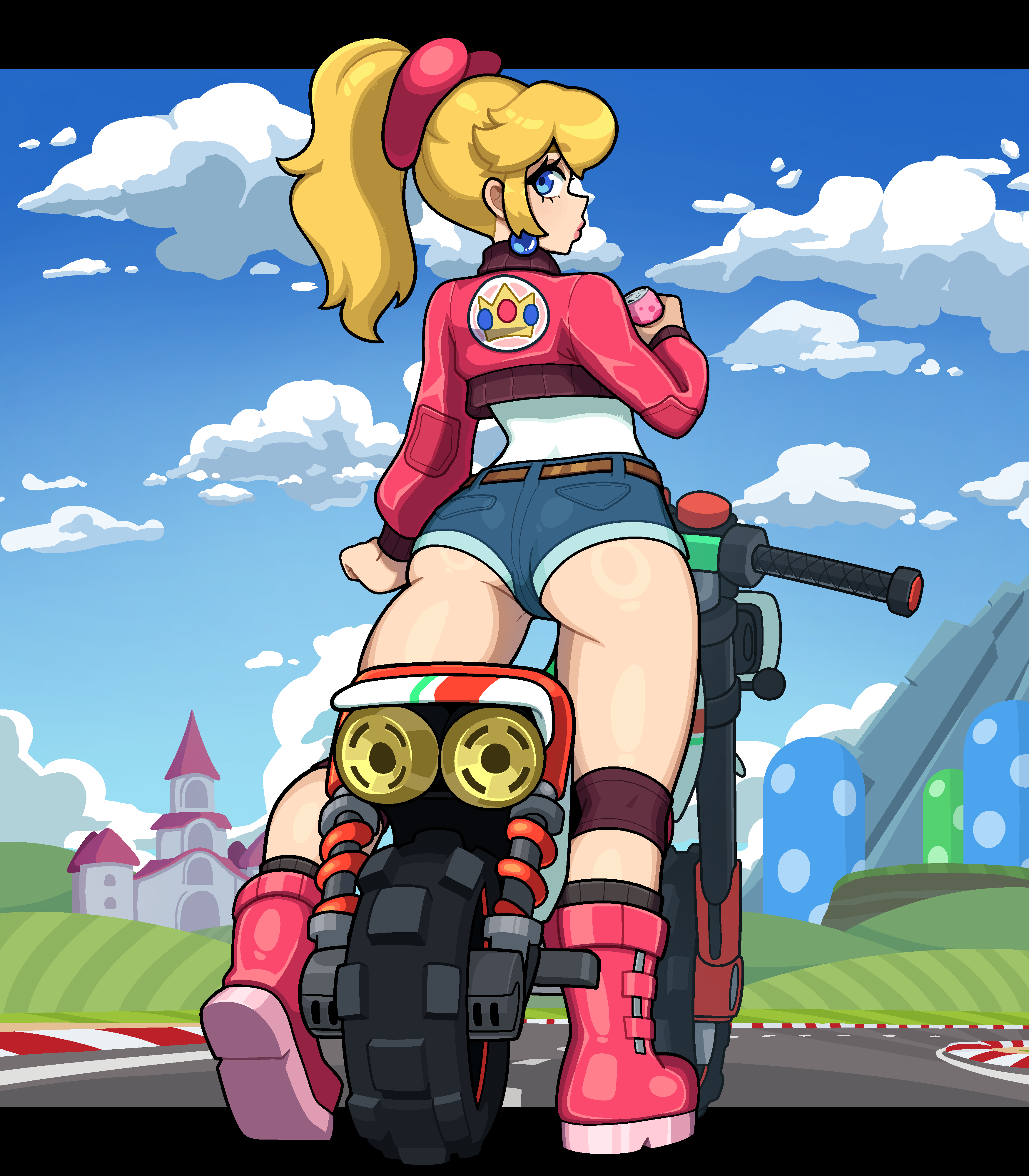 muds, princess peach, princess peach (touring), mario (series), mario kart, mario kart world, nintendo, absurdres, commentary, english commentary, highres, 1girl, ass, blonde hair, blue eyes, blue shorts, boots, cropped jacket, day, denim, denim shorts, earrings, from behind, jacket, jewelry, lips, looking at viewer, medium hair, micro shorts, motor vehicle, motorcycle, outdoors, pink boots, pink jacket, ponytail, rally bike (mario kart world), short ponytail, shorts