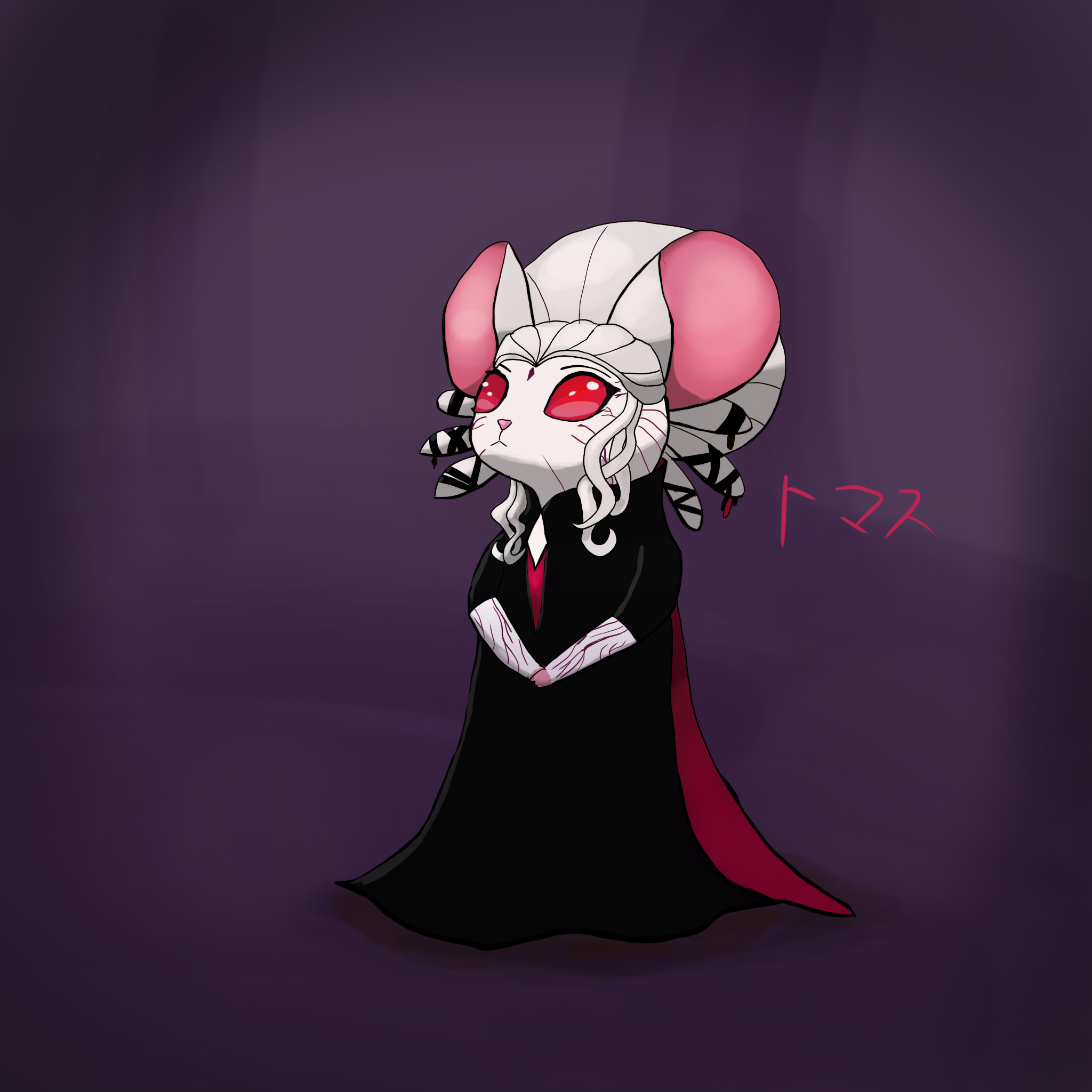salem (rwby), rwby, highres, 1girl, animal ears, black cape, black dress, cape, dress, holding own hand, long dress, long hair, looking up, mouse (animal), mouse ears, mouse girl, mouse tail, no pupils, propernekoarts, purple background, red eyes, sidelocks, tail, turtleneck, white fur, white hair, wide sleeves