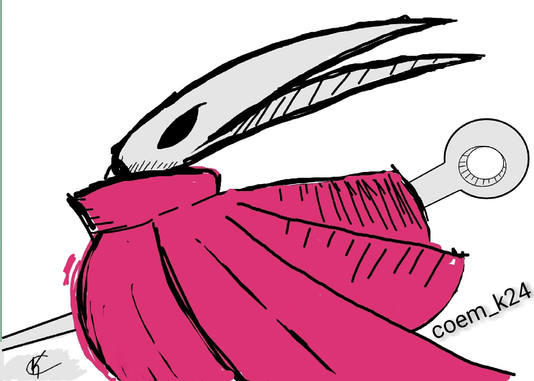 hornet (hollow knight), hollow knight, hollow knight: silksong, highres, variant set, cape, coem k24, creative signature, floating cape, from side, holding, holding needle, holding weapon, horns, needle, red cape, signature, simple background, twitter username, very long cape, weapon, white background