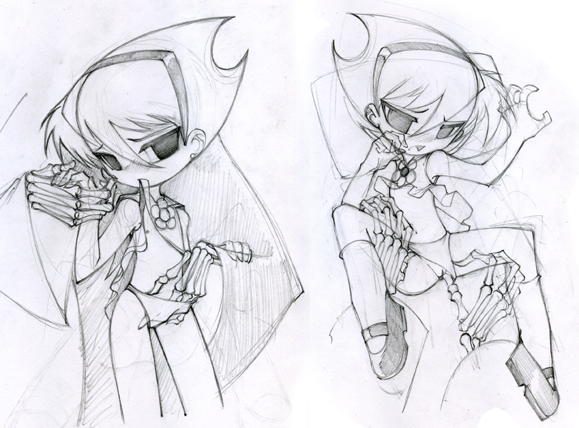 bleedman, mandy, clothes lift, flat chest, hairband, loli, nipples, panties, panty pull, shirt lift, skeleton, sketch, underwear