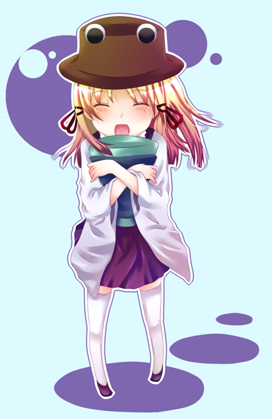 shiguri, moriya suwako, touhou, bad id, bad pixiv id, 1girl, closed eyes, female focus, full body, happy, hat, hugging object, pillow, pillow hug, ribbon, skirt, solo, thighhighs, yawning
