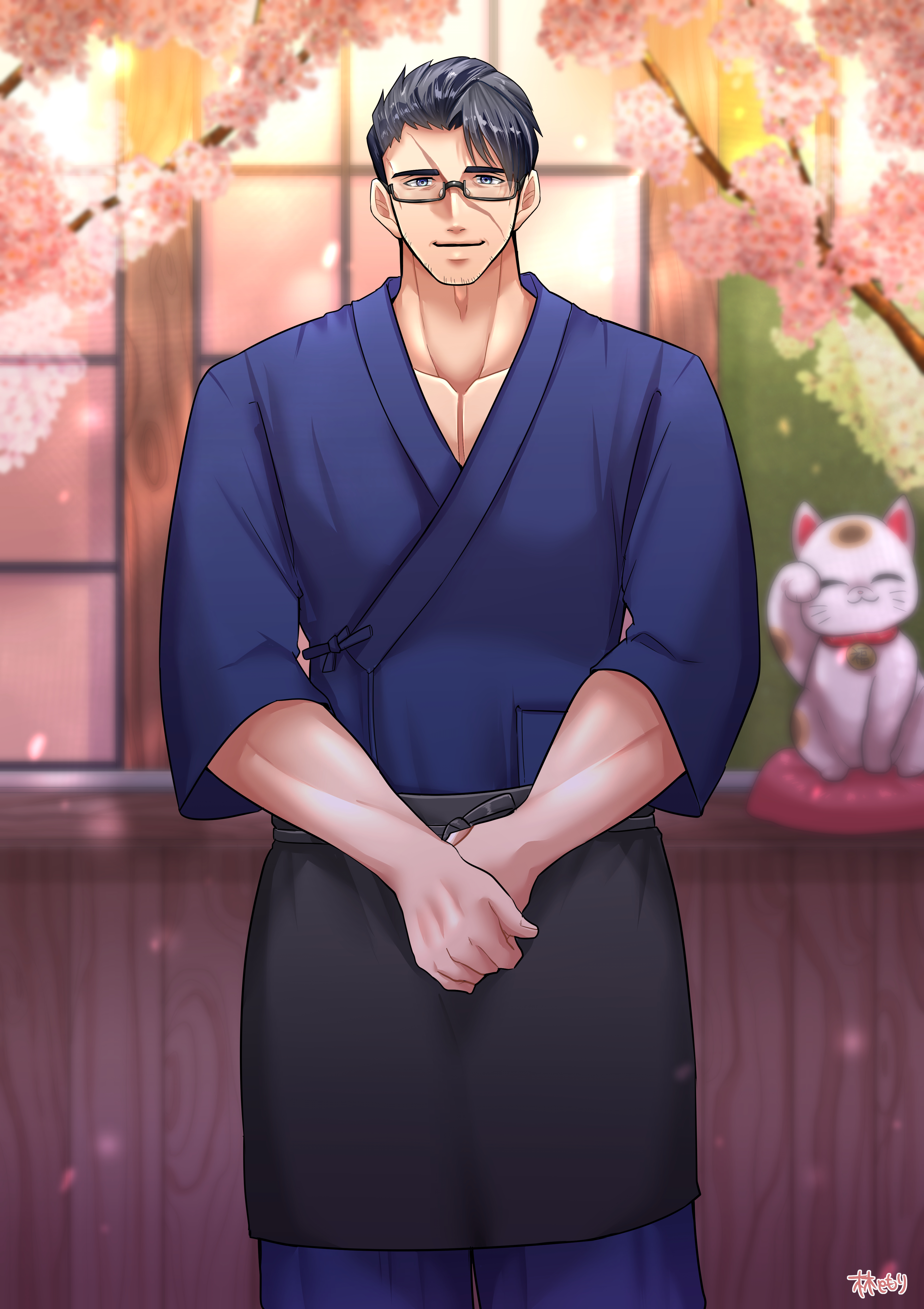 absurdres, commission, highres, pixiv commission, 1boy, apron, beard stubble, black-framed eyewear, black hair, blurry, blurry background, cherry blossoms, facial hair, glasses, hayashi tomori, looking at viewer, male focus, maneki-neko, own hands together, samue, scar, scar on face, scar on nose, short hair, solo, standing, stubble