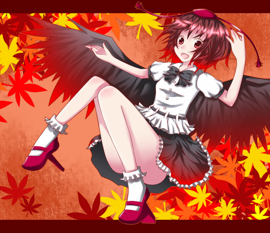 shiguri, shameimaru aya, touhou, bad id, bad pixiv id, 1girl, black hair, black wings, female focus, geta, hat, leaf, looking at viewer, nail polish, open mouth, pink nails, red eyes, short hair, solo, tengu-geta, tokin hat, wings