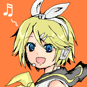 samu (pixiv), kagamine rin, vocaloid, bad id, bad pixiv id, lowres, blonde hair, blue eyes, hair ornament, hairclip, headphones, headset, microphone, musical note, short hair