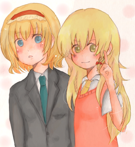 samu (pixiv), alice margatroid, kirisame marisa, touhou, bad id, bad pixiv id, lowres, 2girls, blonde hair, blue eyes, female focus, formal clothes, long hair, multiple girls, necktie, pant suit, pants, short hair, suit, sweater, v-neck, yellow eyes