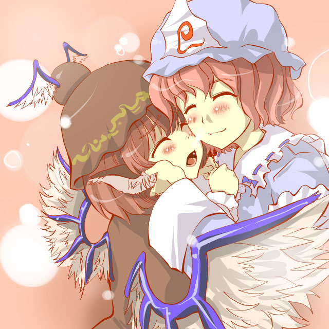 hitoshise, nise nanatsura, mystia lorelei, saigyouji yuyuko, touhou, bad id, bad pixiv id, 2girls, blush, female focus, hat, multiple girls, wings