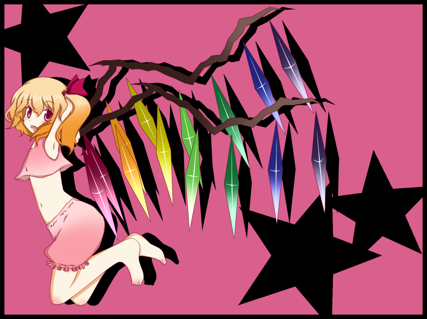 shiguri, flandre scarlet, touhou, bad id, bad pixiv id, 1girl, armpits, barefoot, blonde hair, bloomers, feet, female focus, lingerie, one side up, red eyes, ribbon, short hair, side ponytail, solo, star (symbol), underwear, wings