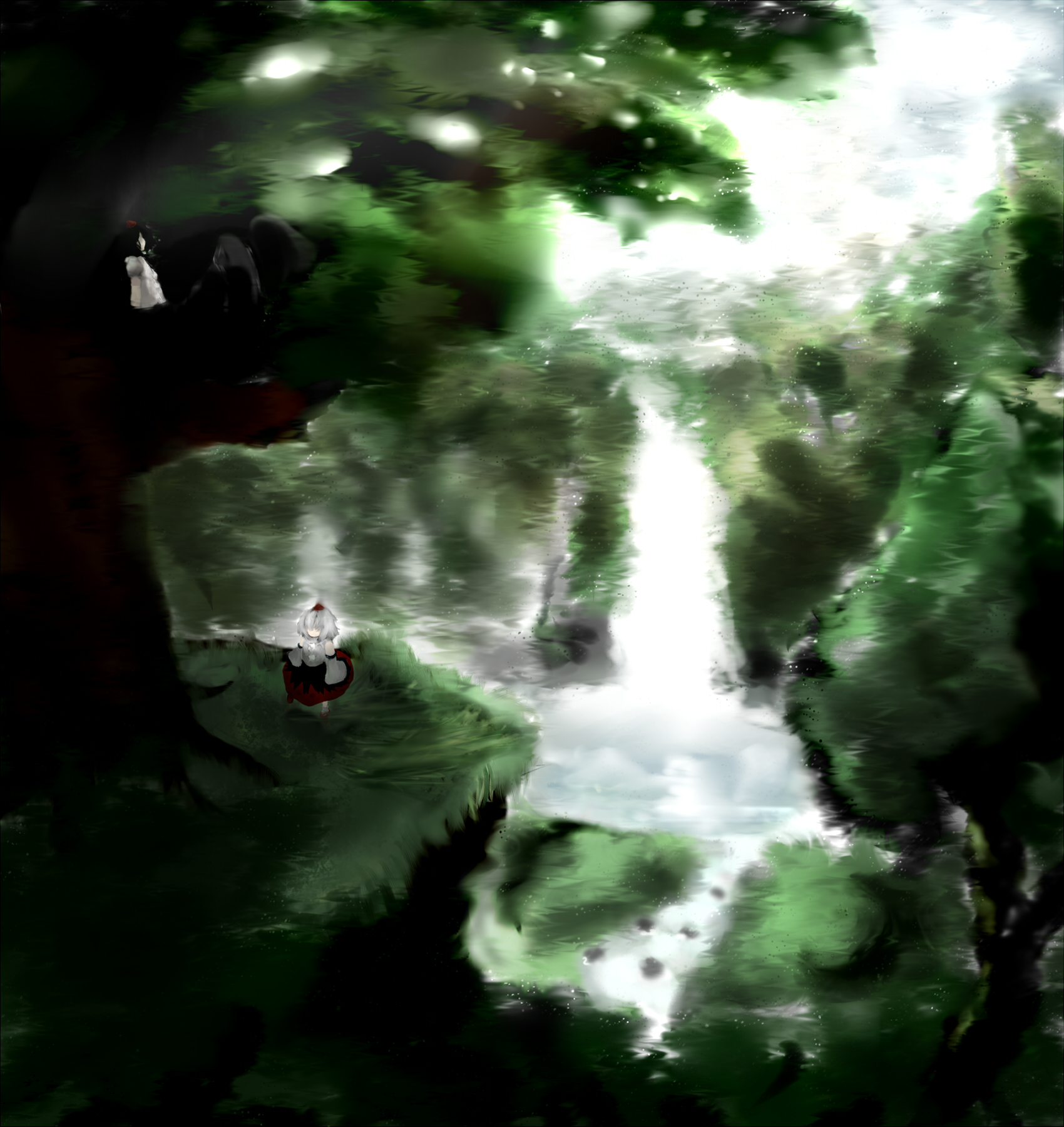 mifuru, inubashiri momiji, shameimaru aya, touhou, bad id, bad pixiv id, highres, 2girls, female focus, multiple girls, nature, outdoors, plant, tree, water