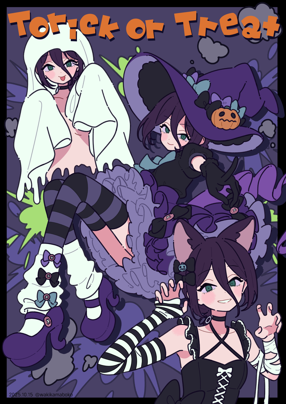 neki (wakiko), reze (chainsaw man), chainsaw man, commentary request, highres, 1girl, :p, bandaged arm, bandages, bed sheet, black border, black bow, black dress, black gloves, blue bow, border, bow, closed mouth, dated, dress, ghost costume, gloves, green eyes, grey background, hair between eyes, hat, high heels, jack-o'-lantern, looking at viewer, loose socks, multiple views, naked sheet, outstretched arm, pointing, puffy short sleeves, puffy sleeves, purple bow, purple hair, purple hat, purple shoes, shoes, short sleeves, smile, socks, socks over thighhighs, striped clothes, striped thighhighs, thighhighs, tongue, tongue out, trick or treat, twitter username, white socks, witch hat