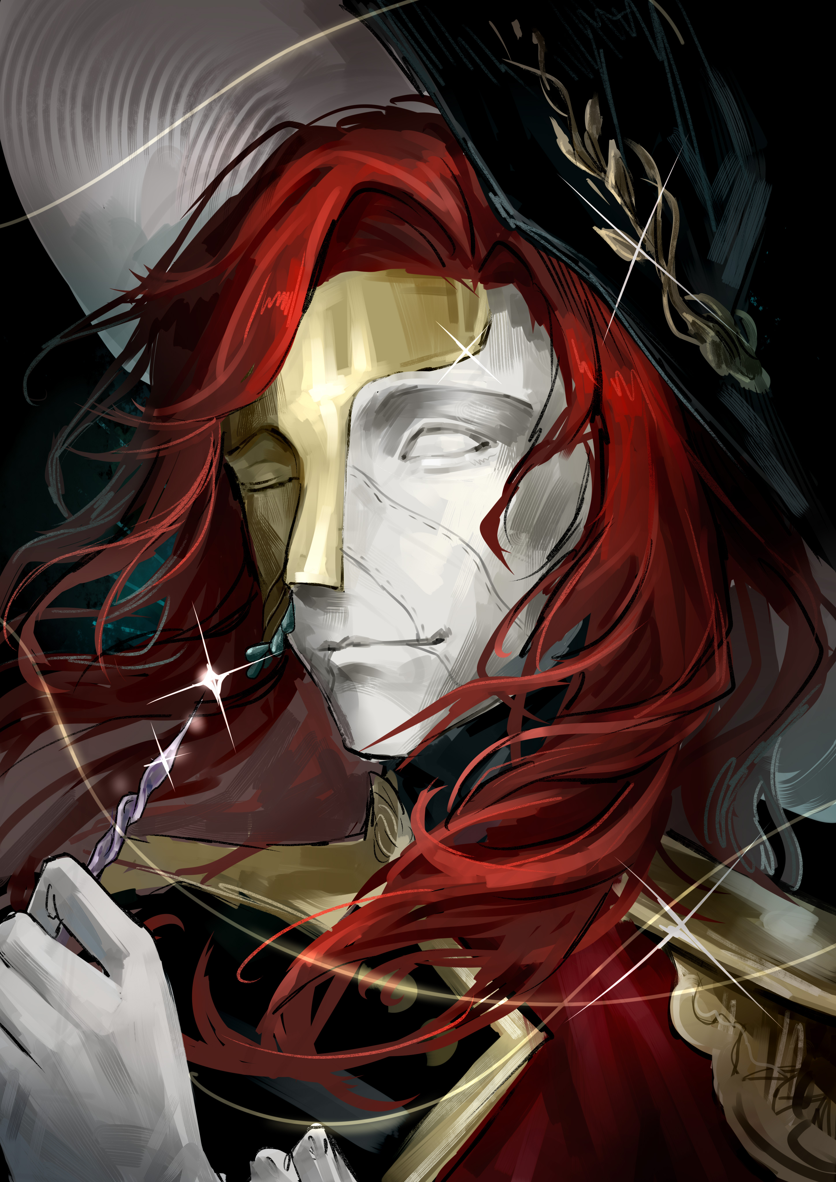 aleph (reverse:1999), reverse:1999, absurdres, highres, 1boy, black hat, black jacket, covered face, glint, gloves, hand up, hat, holding, jacket, long hair, male focus, portrait, ranla, red hair, solo, white gloves, white mask