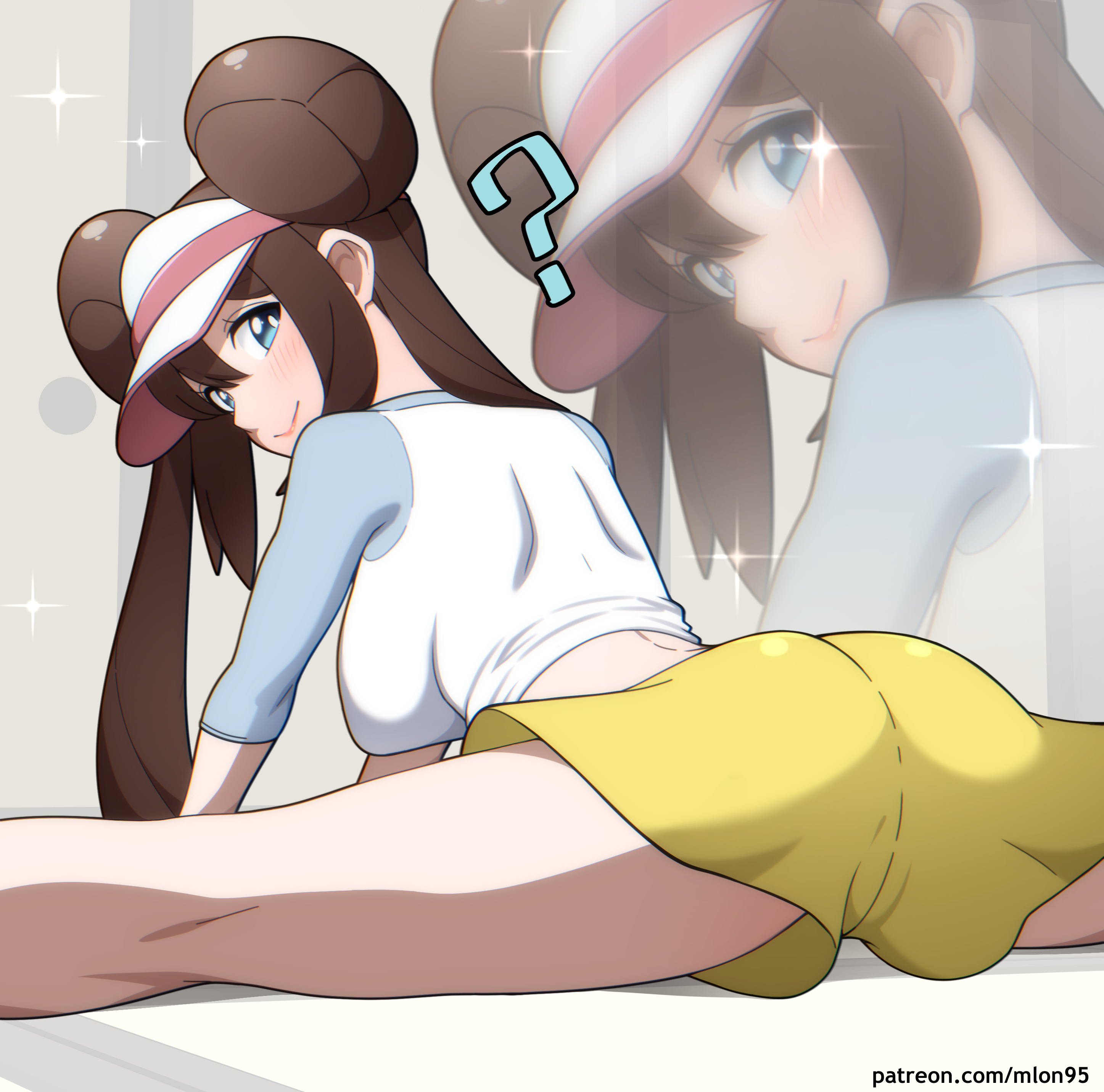 kdtwifi, rosa (pokemon), nintendo, pokemon, pokemon bw2, absurdres, highres, 1girl, ?, ass, blue eyes, blush, breasts, brown hair, donut hair bun, double bun, flexible, from behind, hair bun, large breasts, long hair, looking at viewer, looking back, raglan sleeves, shorts, split, thighs, twintails, very long hair, visor cap, yellow shorts, zoom layer
