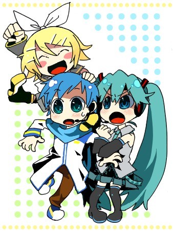 no+bi=, hatsune miku, kagamine rin, kaito (vocaloid), vocaloid, bad id, bad pixiv id, lowres, 1boy, 2girls, ^ ^, annoyed, aqua eyes, aqua hair, blonde hair, blue eyes, blue hair, blush, chibi, closed eyes, detached sleeves, headphones, headset, jumping, microphone, multiple girls, short hair, thighhighs, twintails