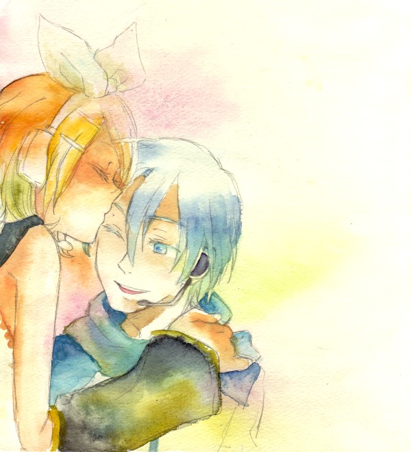 no+bi=, kagamine rin, kaito (vocaloid), vocaloid, bad id, bad pixiv id, painting (medium), traditional media, watercolor (medium), 1boy, 1girl, blue eyes, blue hair, blue scarf, closed eyes, detached sleeves, headphones, headset, hetero, kiss, microphone, scarf