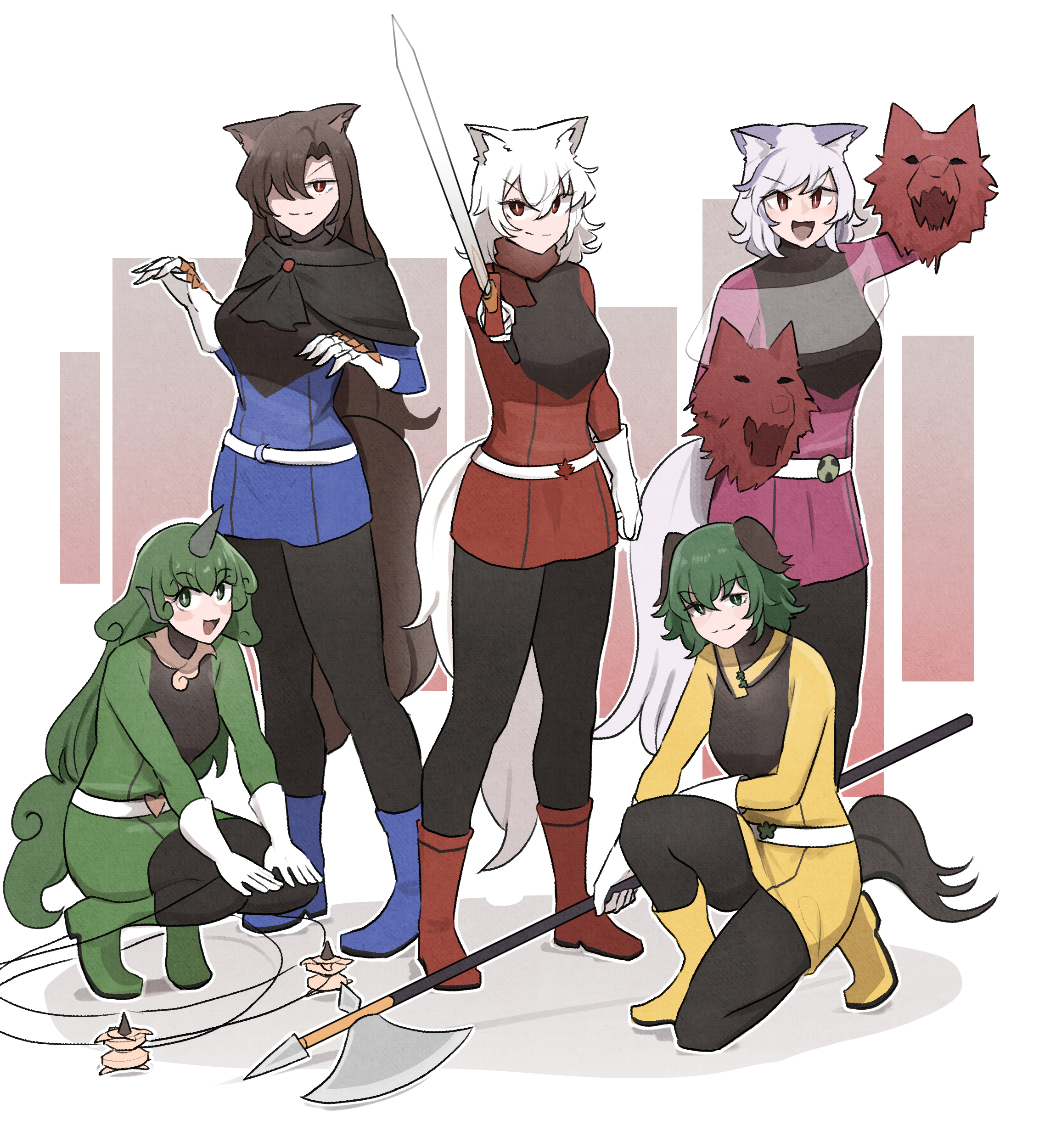 mata (matasoup), imaizumi kagerou, inubashiri momiji, kasodani kyouko, komano aunn, mitsugashira enoko, super sentai, touhou, absurdres, commentary, commission, english commentary, highres, weapon request, 5girls, alternate costume, animal ear fluff, animal ears, animal puppet, asymmetrical bangs, belt, belt buckle, black capelet, black pants, black shirt, blue boots, blue shirt, boots, breasts, brooch, brown background, brown hair, buckle, capelet, clenched hand, closed mouth, crossed bangs, curly hair, dog ears, dog tail, gloves, gradient background, green boots, green eyes, green hair, grey hair, hair between eyes, hair over one eye, halberd, hand puppet, hands on own knees, holding, holding polearm, holding sword, holding weapon, horns, jewelry, komainu ears, komainu girl, leaf, long hair, long sleeves, looking at viewer, maple leaf, medium breasts, medium hair, multicolored hair, multiple girls, on one knee, open mouth, pants, pink shirt, polearm, puppet, rectangle, red background, red boots, red eyes, red shirt, see-through capelet, see-through clothes, shirt, short hair, single horn, smile, split mouth, squatting, standing, sword, tail, two-tone hair, two-tone shirt, v-shaped eyebrows, very long hair, weapon, white background, white belt, white gloves, white hair, wolf ears, wolf girl, wolf tail, yellow boots, yellow shirt