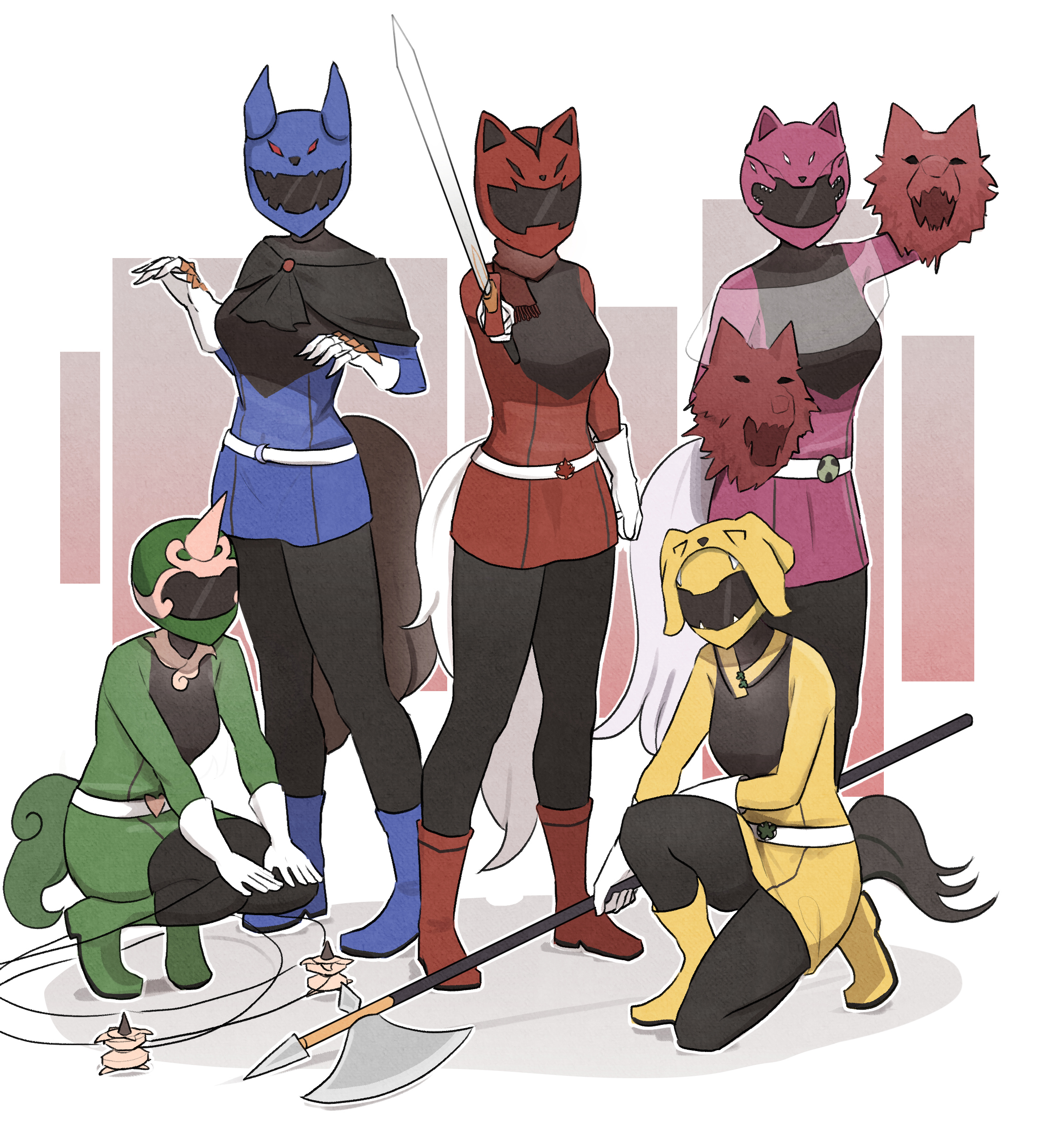 mata (matasoup), imaizumi kagerou, inubashiri momiji, kasodani kyouko, komano aunn, mitsugashira enoko, super sentai, touhou, absurdres, commentary, commission, english commentary, highres, weapon request, 5girls, alternate costume, animal ears, animal helmet, animal puppet, belt, belt buckle, black capelet, black pants, black shirt, blue boots, blue helmet, blue shirt, boots, breasts, brooch, brown background, buckle, capelet, clenched hand, dog ears, dog tail, fake horns, gloves, gradient background, green boots, green helmet, halberd, hand puppet, hands on own knees, helmet, holding, holding polearm, holding sword, holding weapon, horned helmet, horns, jewelry, komainu ears, komainu girl, komainu tail, leaf, long sleeves, looking at viewer, maple leaf, medium breasts, multiple girls, on one knee, pants, pink helmet, pink shirt, polearm, puppet, rectangle, red background, red boots, red helmet, red shirt, see-through capelet, see-through clothes, shirt, single horn, squatting, standing, sword, tail, two-tone shirt, weapon, white background, white belt, white gloves, wolf girl, wolf tail, yellow boots, yellow helmet, yellow shirt