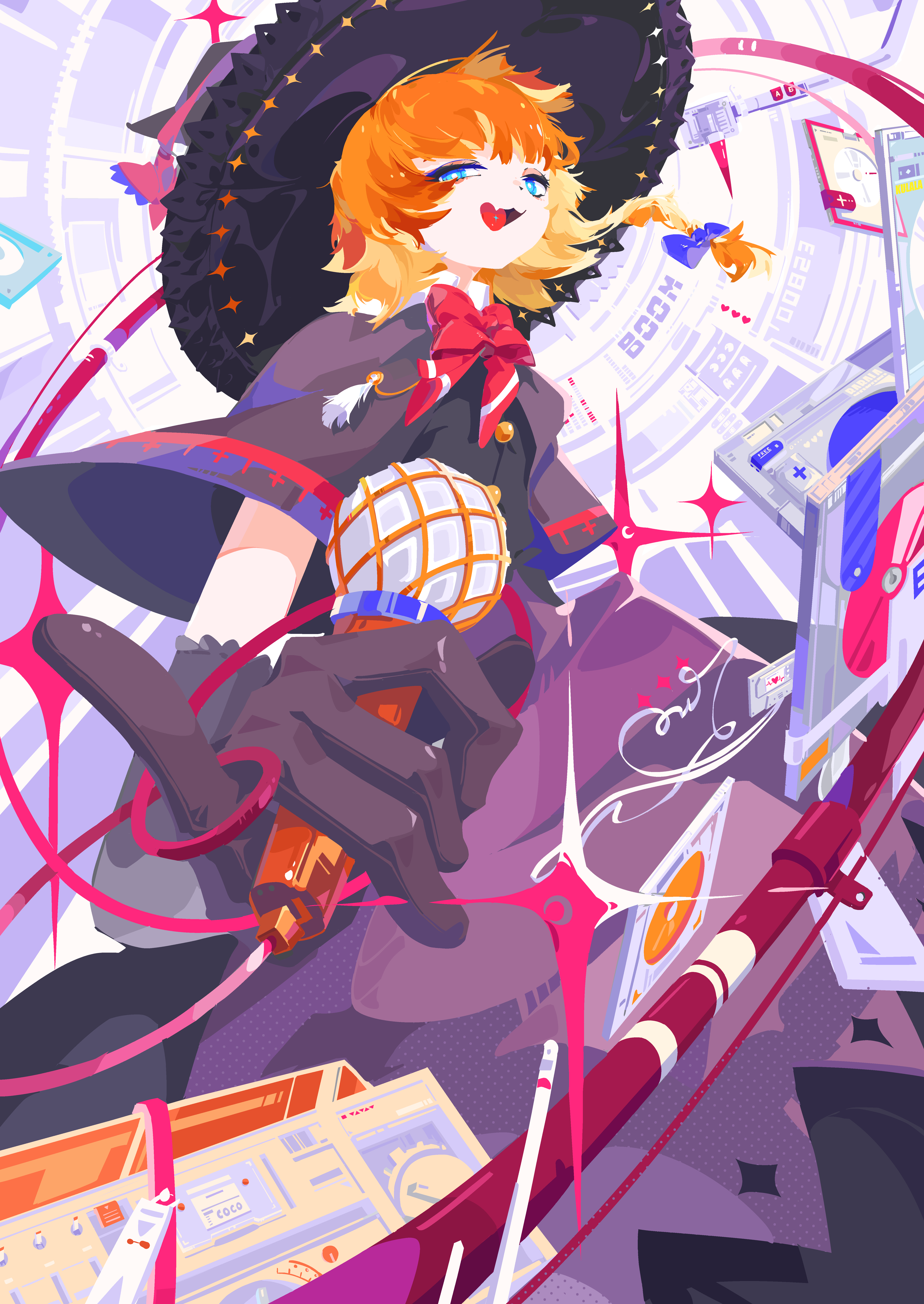kirisame marisa, meguru (cookie), cookie (touhou), touhou, absurdres, artist request, commission, highres, second-party source, 1girl, apron, black capelet, black gloves, black hat, blonde hair, blue eyes, boombox, bow, bowtie, capelet, cd case, cowboy shot, elbow gloves, gloves, hat, holding, holding microphone, looking at viewer, microphone, open mouth, pinky out, purple apron, red bow, red bowtie, short hair, smile, solo, waist apron, witch hat
