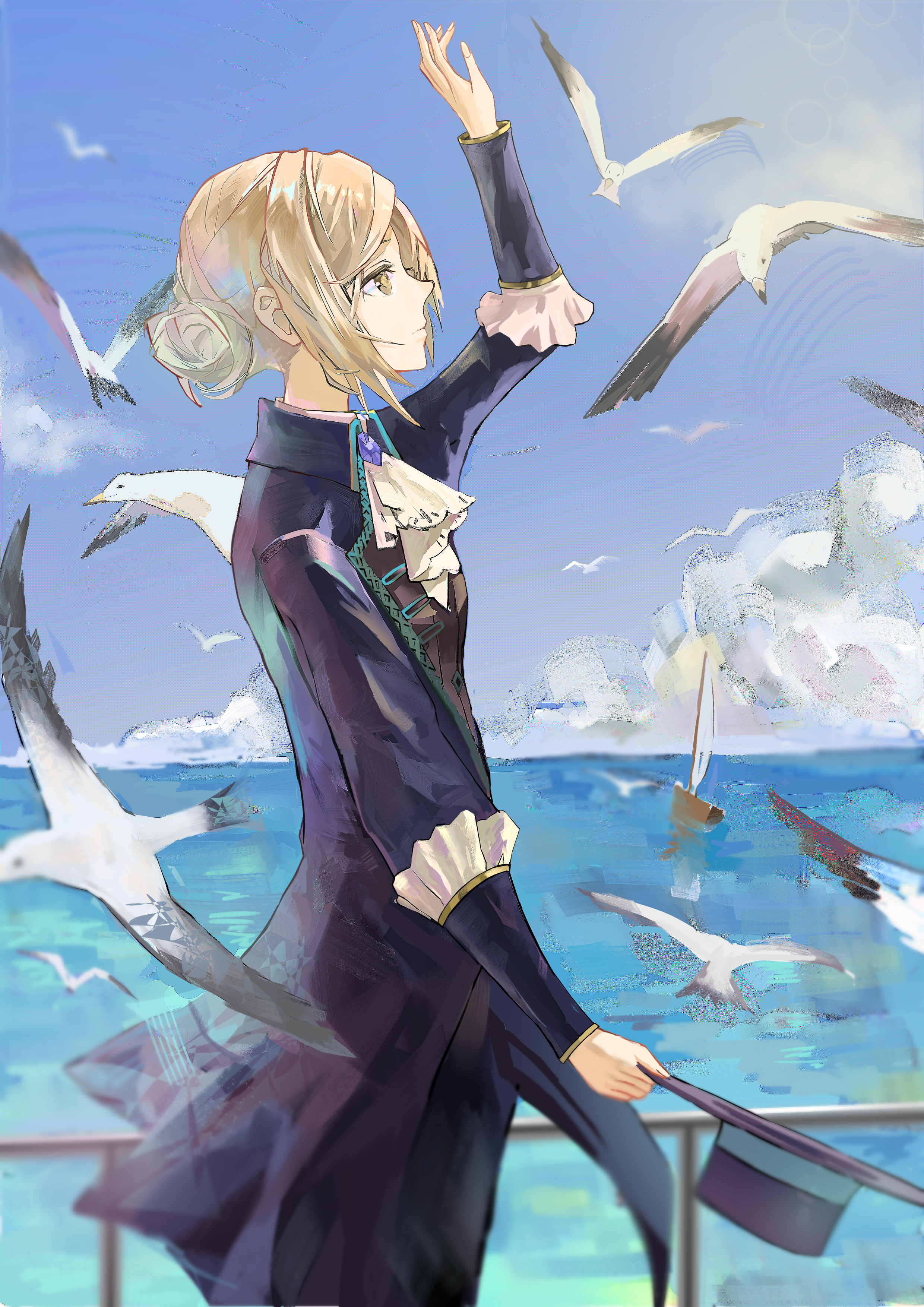 mao wu fan, vertin (reverse:1999), reverse:1999, absurdres, highres, 1girl, arm up, ascot, bird, black coat, black hat, black pants, black vest, blue sky, boater hat, closed mouth, cloud, cloudy sky, coat, cowboy shot, day, from side, grey eyes, grey hair, hair bun, hand up, hat, holding, holding unworn clothes, holding unworn hat, looking up, ocean, outdoors, pants, profile, railing, seagull, short hair, single side bun, sky, solo, too many, too many birds, unworn hat, unworn headwear, vest, waistcoat, white ascot, white bird