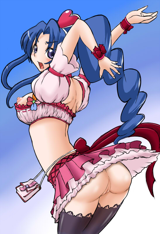 masakichi (heppouku), cure berry, kawashima ami, kitamura eri, fresh precure!, precure, toradora!, bad id, bad pixiv id, nude filter, third-party edit, 1girl, arms up, ass, back, black thighhighs, blue eyes, blue hair, blush, breasts, cosplay, cure berry (cosplay), drill hair, earrings, female focus, hair ornament, heart, heart hair ornament, jewelry, long hair, looking back, magical girl, matching hair/eyes, nipples, no panties, pink skirt, pussy, skirt, solo, thighhighs, uncensored, upskirt, voice actor connection