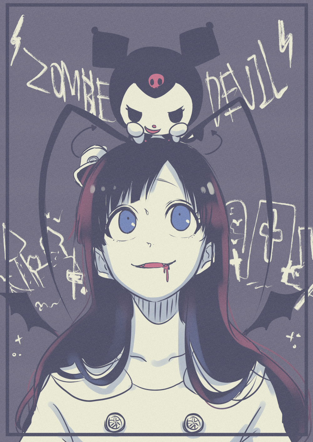 ikuno taso, giselle gewelle, kuromi, bleach, onegai my melody, sanrio, commentary request, highres, 1boy, androgynous, antenna hair, black hair, blood, blood from mouth, blue eyes, coat, crossover, quincy (bleach), sternritter, trap, wandenreich uniform, white coat