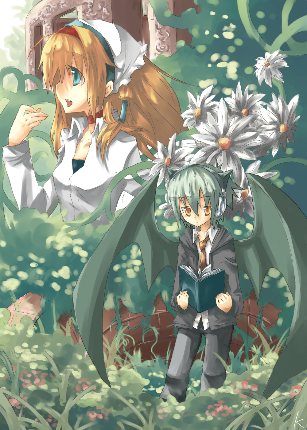 kusano (pixiv), original, bad id, bad pixiv id, highres, animal ears, bat wings, blonde hair, blue eyes, book, flower, green hair, hairband, headphones, headscarf, jacket, necktie, open book, reading, white headscarf, wings, yellow eyes