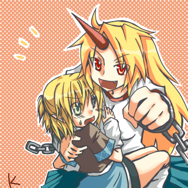 kusano (pixiv), hoshiguma yuugi, mizuhashi parsee, touhou, bad id, bad pixiv id, 2girls, chain, fang, female focus, green eyes, half updo, horns, long hair, multiple girls, red eyes, short hair, single horn, sweatdrop