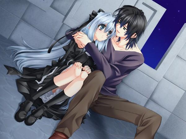 toujou sakana, ashe (under the moon), seizh, under the moon, game cg, 1boy, 1girl, black hair, blue hair, couple, dress, kneehighs, long hair, short hair, sitting, socks