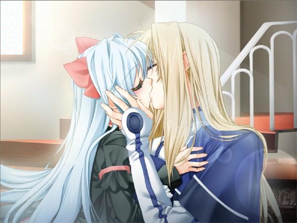 toujou sakana, ashe (under the moon), sena (under the moon), unan, under the moon, game cg, 1boy, 1girl, blonde hair, blue hair, bow, couple, dress, hair bow, hetero, indoors, kiss, long hair, upper body
