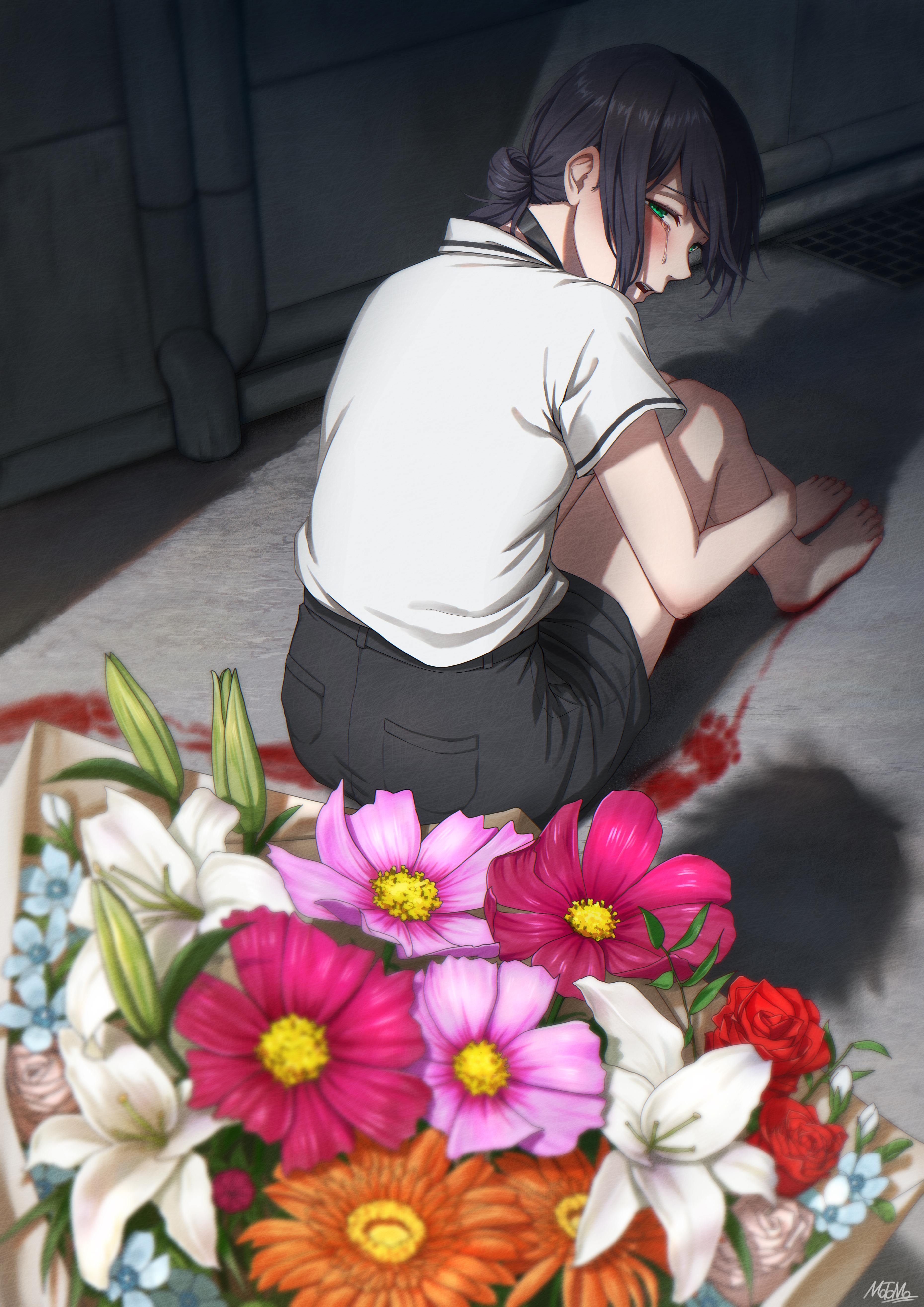 matomo, denji (chainsaw man), reze (chainsaw man), chainsaw man, absurdres, highres, 1girl, alley, barefoot, black choker, black hair, black shorts, blood, blood on feet, bloody footprints, bouquet, choker, crying, crying with eyes open, flower, green eyes, hair bun, looking back, on ground, orange flower, pink flower, purple flower, shadow, shirt, shirt tucked in, shorts, tears, white flower, white shirt