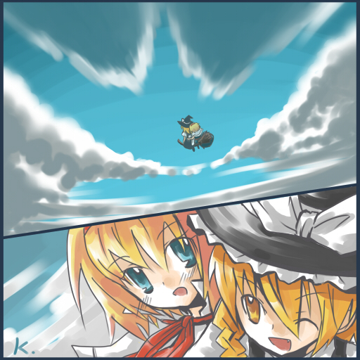 kusano (pixiv), alice margatroid, kirisame marisa, touhou, bad id, bad pixiv id, 2girls, blonde hair, blue eyes, braid, broom, broom riding, cloud, comic, day, fang, female focus, hairband, hat, multiple girls, one eye closed, outdoors, short hair, sky, wink, witch, witch hat, yellow eyes