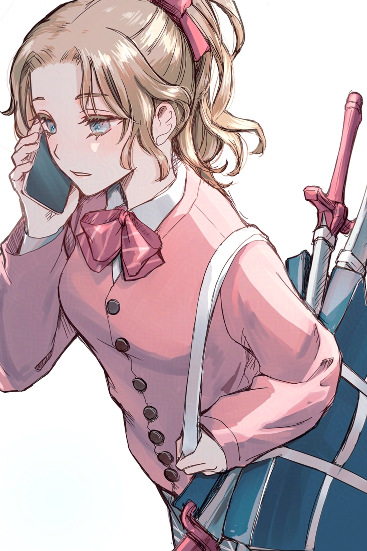 ren mizuha, tina branford, dissidia final fantasy, final fantasy, final fantasy vi, 1girl, bag, blonde hair, bow, bowtie, cardigan, cellphone, dissidia duellum final fantasy, hair bow, official alternate costume, open mouth, phone, pink cardigan, ponytail, school bag, simple background, smartphone, solo, sword, talking on phone, weapon