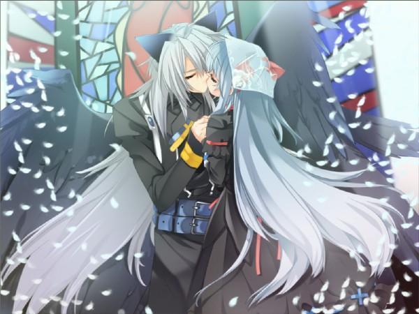 toujou sakana, ashe (under the moon), kyle (under the moon), under the moon, game cg, 1boy, 1girl, angel wings, animal ears, blue hair, cat ears, couple, grey hair, hetero, kiss, long hair, very long hair, wings
