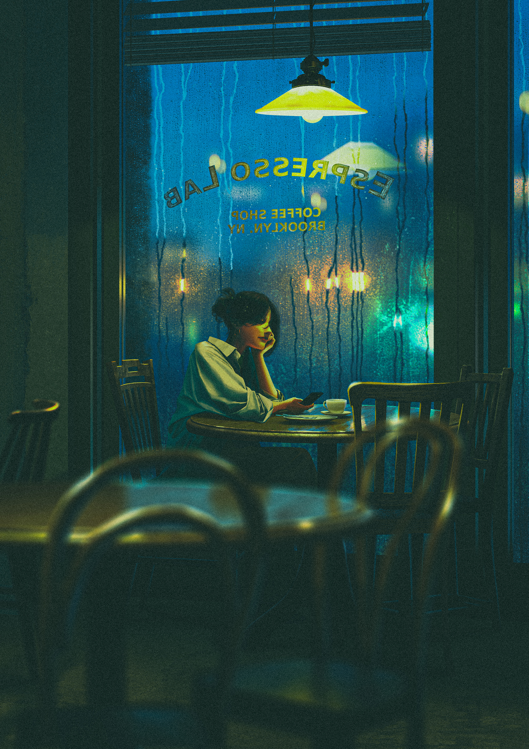 tamaki (tamaki illust), original, absurdres, highres, 1girl, black hair, blurry, blurry foreground, cafe, chair, closed mouth, condensation, cup, hand on own chin, hanging light, holding, holding phone, indoors, phone, plate, saucer, scenery, shirt, sitting, solo, table, teacup, white shirt, window