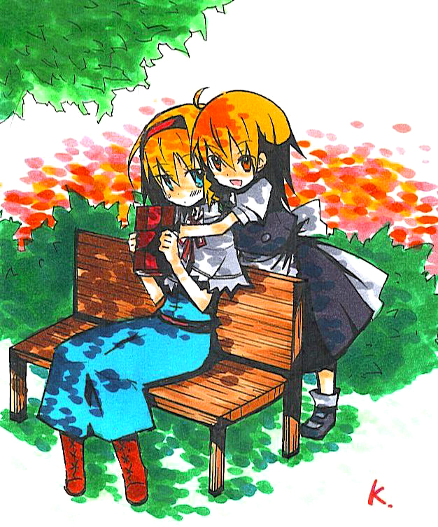 kusano (pixiv), alice margatroid, kirisame marisa, touhou, bad id, bad pixiv id, 2girls, bench, blonde hair, blue eyes, book, dress, female focus, full body, hairband, hug, multiple girls, nature, outdoors, plant, red eyes, short hair, sitting