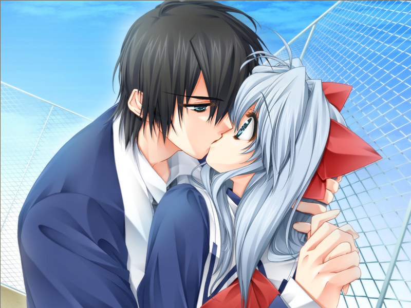 toujou sakana, ashe (under the moon), leni (under the moon), under the moon, uniform, game cg, 1boy, 1girl, black hair, blue eyes, blue hair, bow, chain-link fence, couple, fence, hetero, holding hands, kiss, long hair, rooftop, short hair, surprised