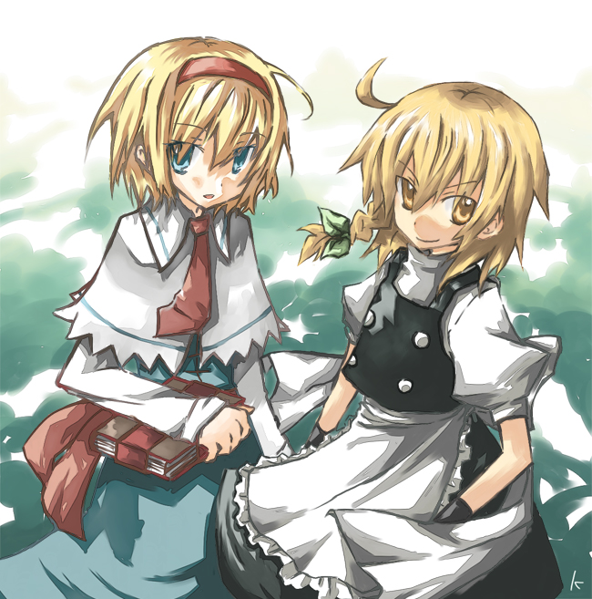 kusano (pixiv), alice margatroid, kirisame marisa, touhou, bad id, bad pixiv id, 1girl, blonde hair, blue eyes, book, braid, female focus, gradient background, hairband, short hair, skirt, solo, white background, yellow eyes