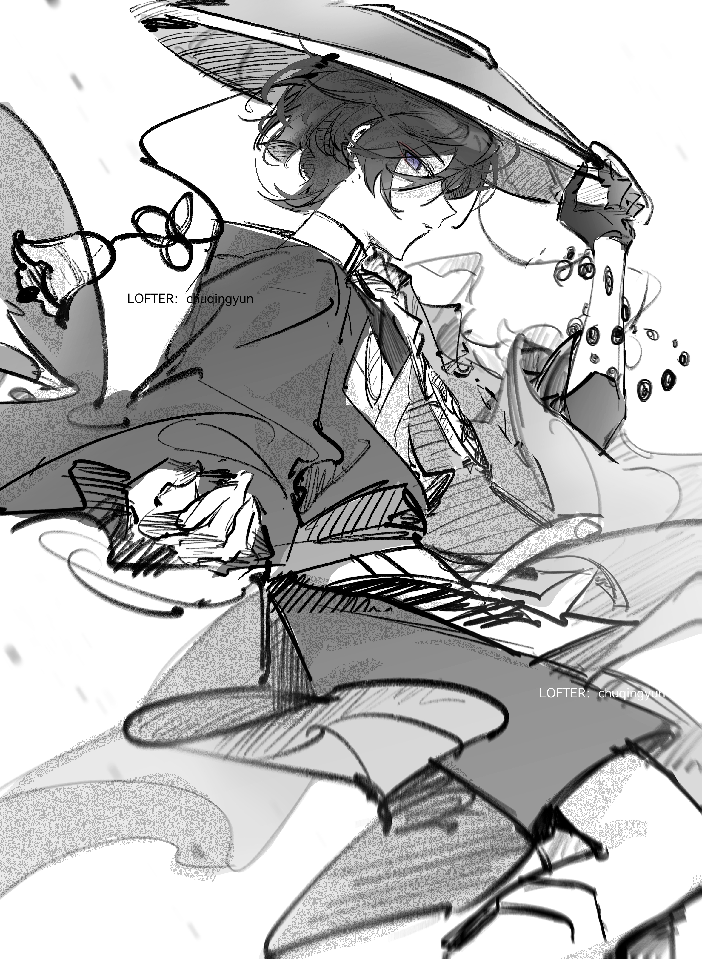 scaramouche (genshin impact), wanderer (genshin impact), genshin impact, absurdres, chinese commentary, concept art, highres, 1boy, alternate costume, alternate universe, chuqingyun, closed mouth, curled horns, expressionless, floating, from side, gloves, hair between eyes, hair flowing over, hand on headwear, hand up, hat, horns, japanese clothes, jewelry, lofter username, long sleeves, looking at viewer, monochrome, pendant, purple eyes, short hair, shorts, solo, upper body, white background, wide sleeves, wind