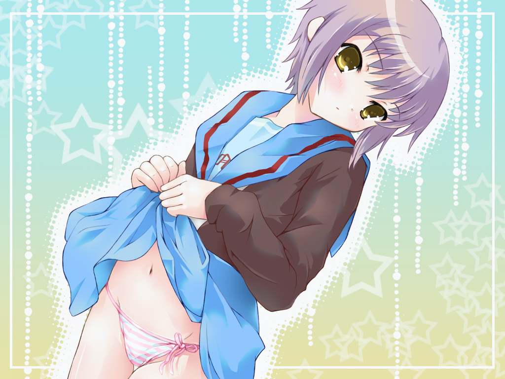 nagato yuki, suzumiya haruhi no yuuutsu, 00s, blush, cardigan, clothes lift, lifting own clothes, navel, panties, school uniform, serafuku, short hair, side-tie panties, skirt, skirt lift, solo, striped clothes, striped panties, underwear, yellow eyes