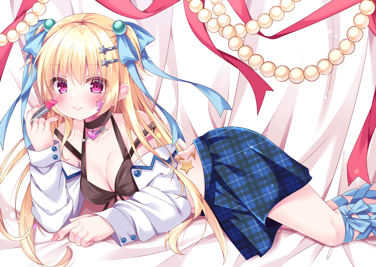 fujikura ryuune, original, commentary request, 1girl, bare shoulders, bed sheet, black choker, blonde hair, blue bow, blue ribbon, blue skirt, blush, bow, breasts, choker, cleavage, closed mouth, collarbone, cosmetics, hair between eyes, hair bow, hair ornament, hairclip, holding, holding lipstick tube, leg ribbon, lipstick tube, long hair, looking at viewer, medium breasts, off shoulder, open clothes, open shirt, plaid clothes, plaid skirt, pleated skirt, purple eyes, red ribbon, ribbon, shirt, skirt, smile, solo, star (symbol), star hair ornament, two side up, very long hair, white shirt