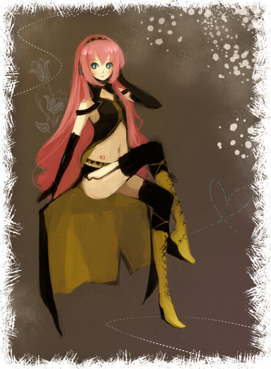 reika (artist), reika (clovia studio), megurine luka, vocaloid, bad id, bad pixiv id, 1girl, blue eyes, boots, crossed legs, female focus, gloves, green eyes, long hair, pantyhose, pink hair, sitting, solo, thighhighs