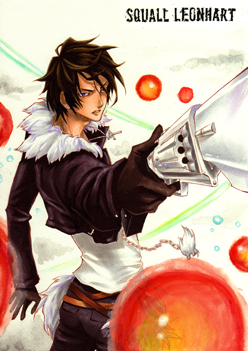 nabeya sakihana, squall leonhart, dissidia final fantasy, final fantasy, final fantasy viii, bad id, bad pixiv id, traditional media, 1990s (style), 1boy, blue eyes, brown hair, character name, charm (object), gloves, gun, gunblade, jewelry, magic, male focus, necklace, solo, sword, weapon