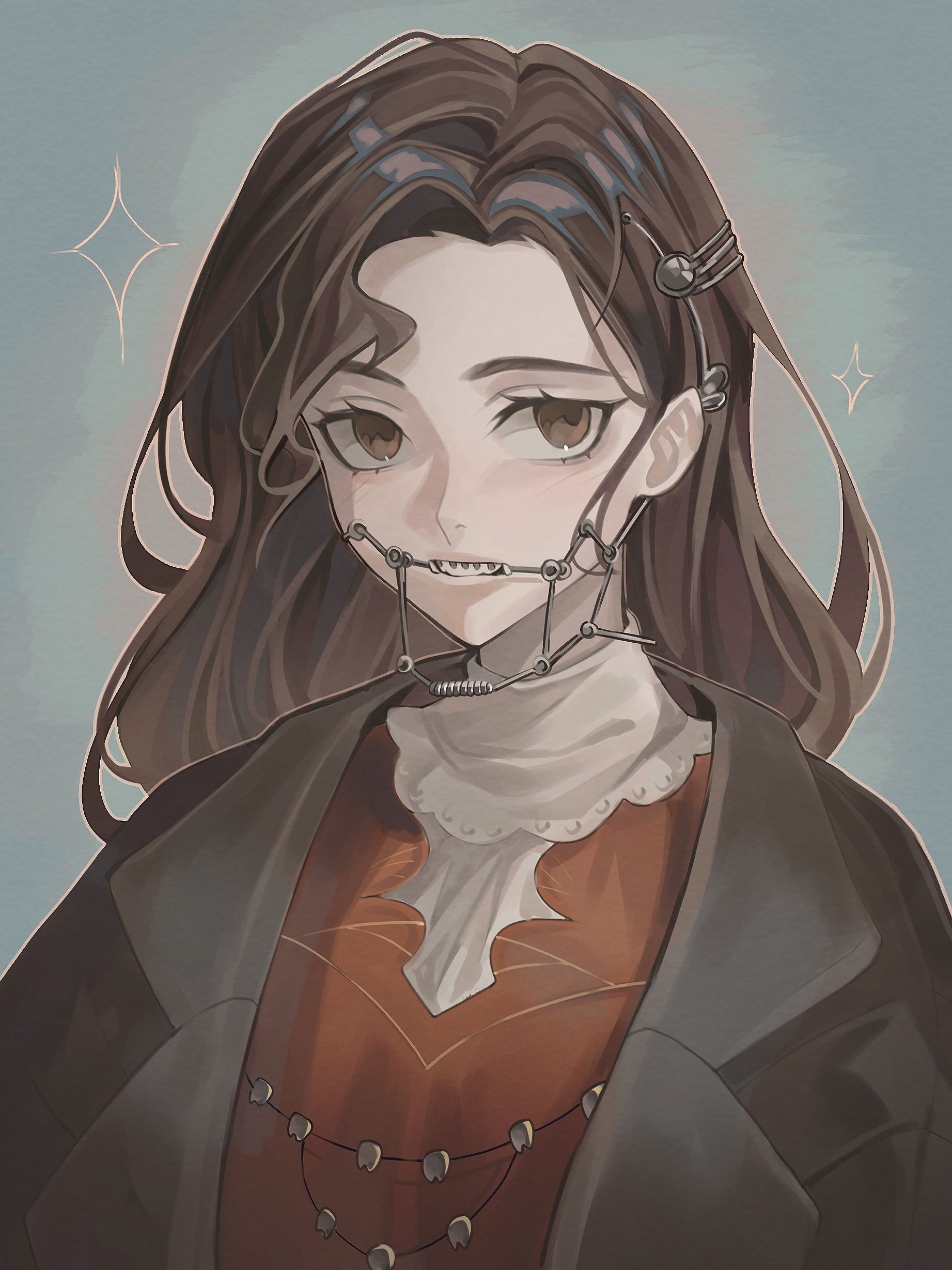 chikenug1000000, tooth fairy (reverse:1999), reverse:1999, absurdres, highres, 1girl, braces, brown coat, brown eyes, brown hair, coat, dress, grey background, jewelry, long hair, looking at viewer, necklace, parted lips, red dress, shirt, solo, sparkle, teeth, tooth necklace, upper body, white shirt