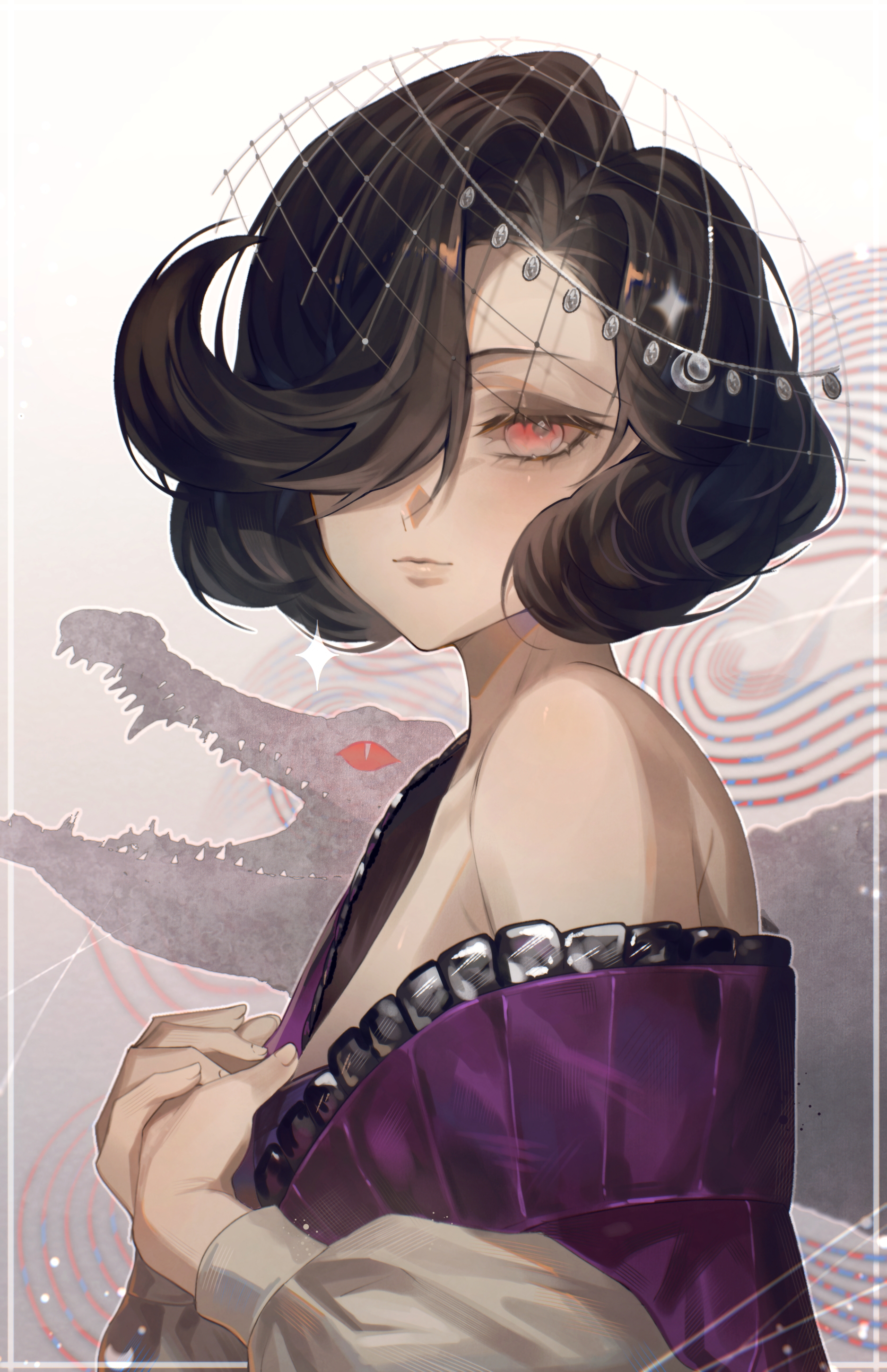 chikenug1000000, tuesday (reverse:1999), reverse:1999, absurdres, highres, 1girl, black hair, closed mouth, crocodilian, dress, fishnet veil, from side, gradient background, grey background, hair over one eye, hands on own chest, hands up, looking at viewer, one eye covered, own hands together, purple dress, red eyes, short hair, single bare shoulder, single off shoulder, solo, upper body