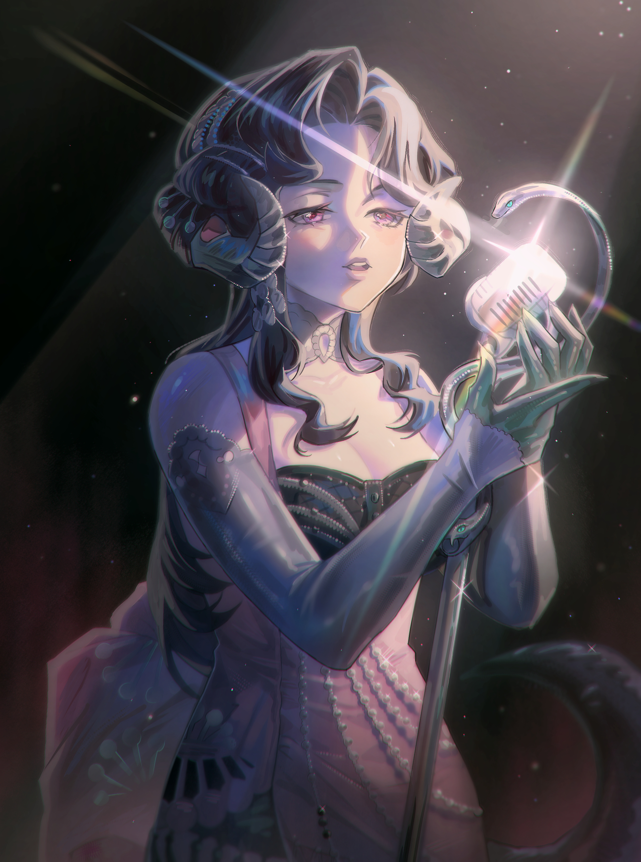 chikenug1000000, anjo nala, reverse:1999, absurdres, commentary, highres, 1girl, bare shoulders, black background, black hair, breasts, choker, cleavage, curled horns, dress, glint, gloves, green tail, grey choker, grey gloves, grey horns, half-closed eyes, hands up, holding, holding microphone stand, horns, lizard tail, long dress, long hair, low horns, medium breasts, microphone, microphone stand, music, open mouth, pink dress, purple eyes, singing, sleeveless, sleeveless dress, solo, tail, upper body, vintage microphone