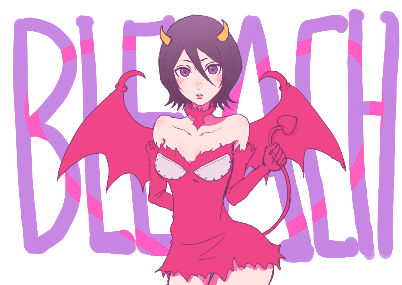 ikuno taso, kuchiki rukia, bleach, 1girl, bare shoulders, black hair, breasts, collarbone, copyright name, demon girl, elbow gloves, female focus, gloves, halloween, halloween costume, horns, light blush, looking at viewer, medium hair, official alternate costume, parted lips, simple background, small breasts, tail, white background, wings