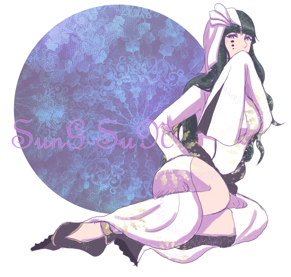 ikuno taso, cyan sung-sun, bleach, 1girl, anklet, arrancar, black hair, character name, covering own mouth, facial mark, female focus, jewelry, long hair, purple eyes, simple background, sitting, thighs, white background