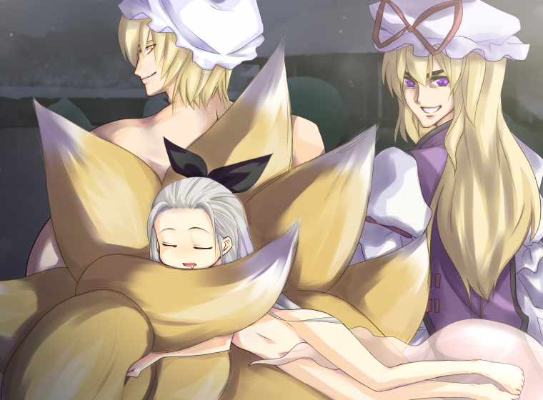 sushikuugo (suisen), konpaku youki, konpaku youmu, konpaku youmu (ghost), yakumo ran, yakumo yukari, touhou, silver hair, bad id, bad pixiv id, 1girl, 2boys, barefoot, broad shoulders, fox tail, genderswap, genderswap (ftm), ghost, grin, hat, hitodama, hugging tail, multiple boys, nude, ribbon, saliva, sleeping, smile, tail, winter, you gonna get raped
