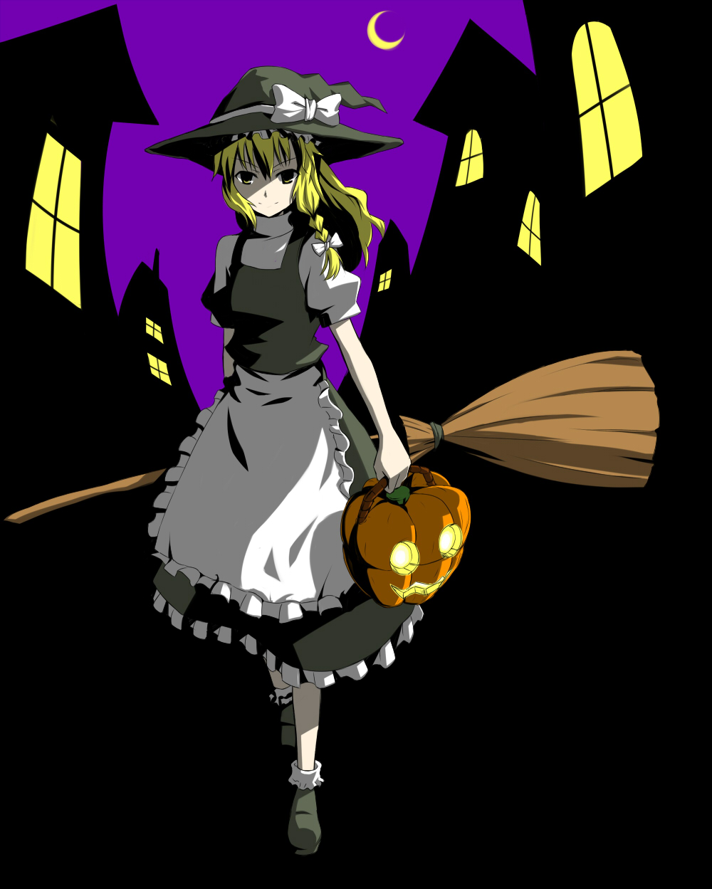 batsu, kirisame marisa, touhou, highres, 1girl, blonde hair, broom, female focus, full body, halloween, hat, house, jack-o'-lantern, moon, night, outdoors, pumpkin, skirt, sky, solo, witch, witch hat, yellow eyes