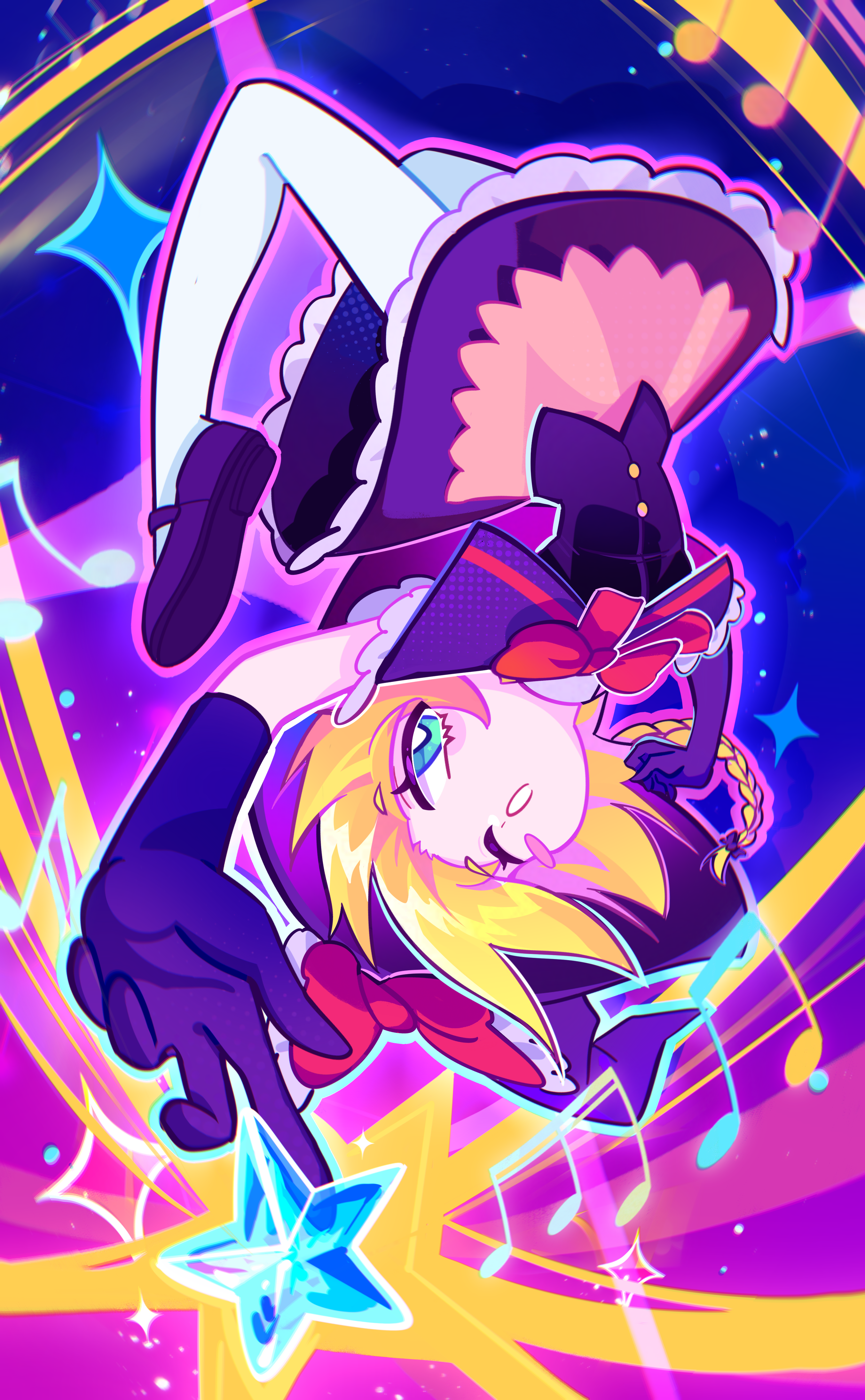 kirisame marisa, meguru (cookie), cookie (touhou), touhou, absurdres, artist request, commission, highres, second-party source, 1girl, blonde hair, blue eyes, blush stickers, bow, bowtie, braid, buttons, capelet, elbow gloves, full body, gloves, hat, hat bow, looking at viewer, mary janes, musical note, one eye closed, open mouth, pantyhose, purple bow, purple capelet, purple gloves, purple shoes, purple skirt, purple vest, red bow, red bowtie, shoes, short hair, side braid, single braid, skirt, solo, star (symbol), upside-down, vest, white pantyhose, witch hat